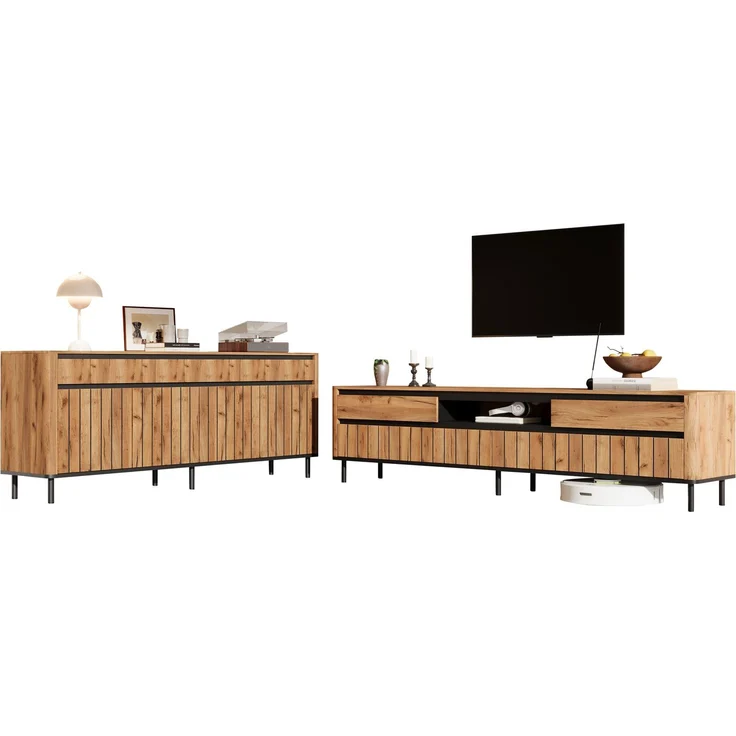Merax Sideboard (160 x 40 x 73 cm) + viertüriger TV-Schrank (180 x 40 x 52 cm) in Naturholzfarbe mit schwarzen Akzenten, geeignet für einen 75-Zoll-Fernseher – Bild 8