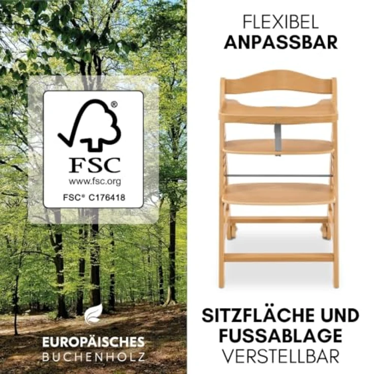 hauck Beta+ Hochstuhl Newborn Set mit Deluxe Bouncer - Natural | Mitwachsender Holz Kinderhochstuhl mit Rollen ab Geburt bis 90 kg | inkl. Neugeborenenaufsatz, Essbrett & Sitzkissen – Bild 7