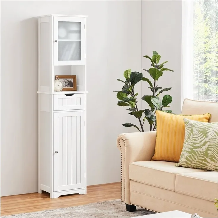 Yaheetech schmaler Badezimmerschrank mit Glastür, Schublade & verstellbarem Einlegeboden, Holz weiß, 40x30x170 cm