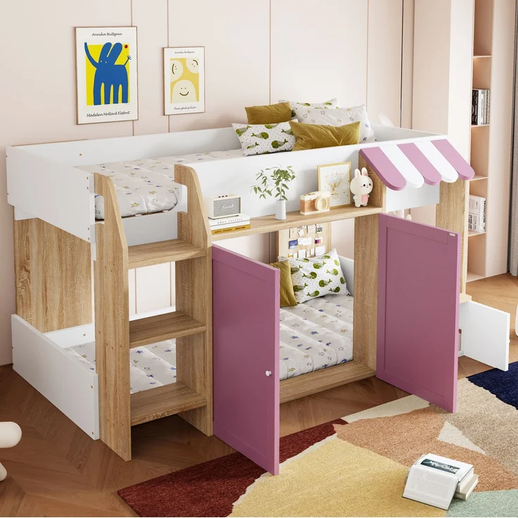 Kinder Hochbett 90x200 niedrig mit Haus-Design - Spielbett mit zweiter Liegefläche, Stauraum, breiter Leiter, weiß & Rosa – Bild 2