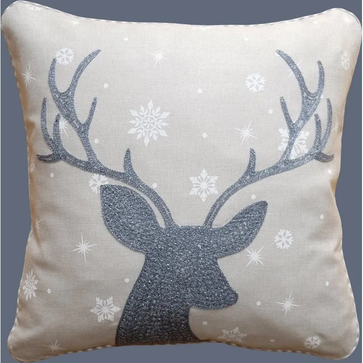 Kissenhülle mit Stickerei Hirsch hellgrau Winter Weihnachten 40x40 cm Kissenhülle