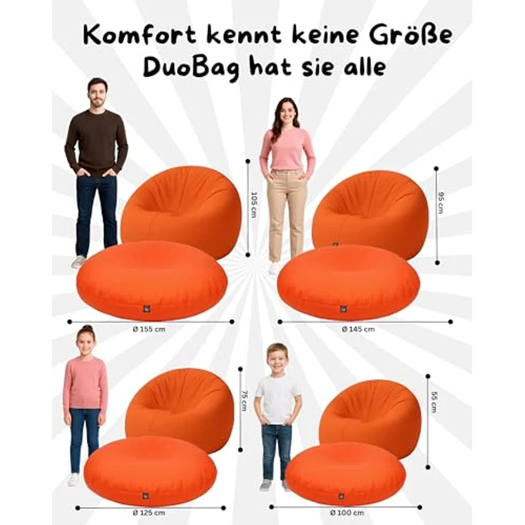PATCH HOME 2-in-1 Sitzsack Sessel - Gaming Bean Bag mit Reißverschluss - Bereits befüllt, Ergonomisch & Robust für Kinder & Erwachsene - Indoor & Outdoor, Wetterfest (Orange, 155cm) – Bild 3
