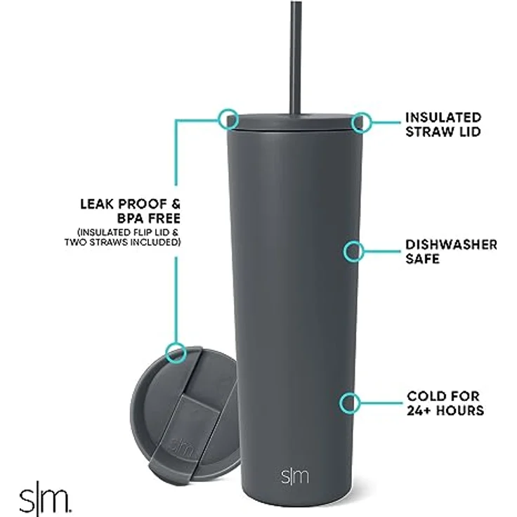 Simple Modern Thermobecher mit Strohhalm und Deckel | Trinkbecher mit Henkel Wiederverwendbare Edelstahl | Geschenke für Frauen und Männer | Classic | 830ml | Graphite – Bild 2