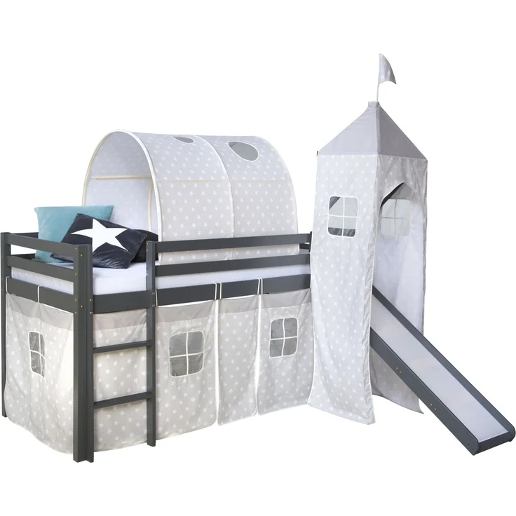 Hochbett mit Lattenrost 90x200 Turm Tunnel Rutsche Stockbett Grau Kinderbett Holz Kiefer Vorhang Sterne – Bild 6