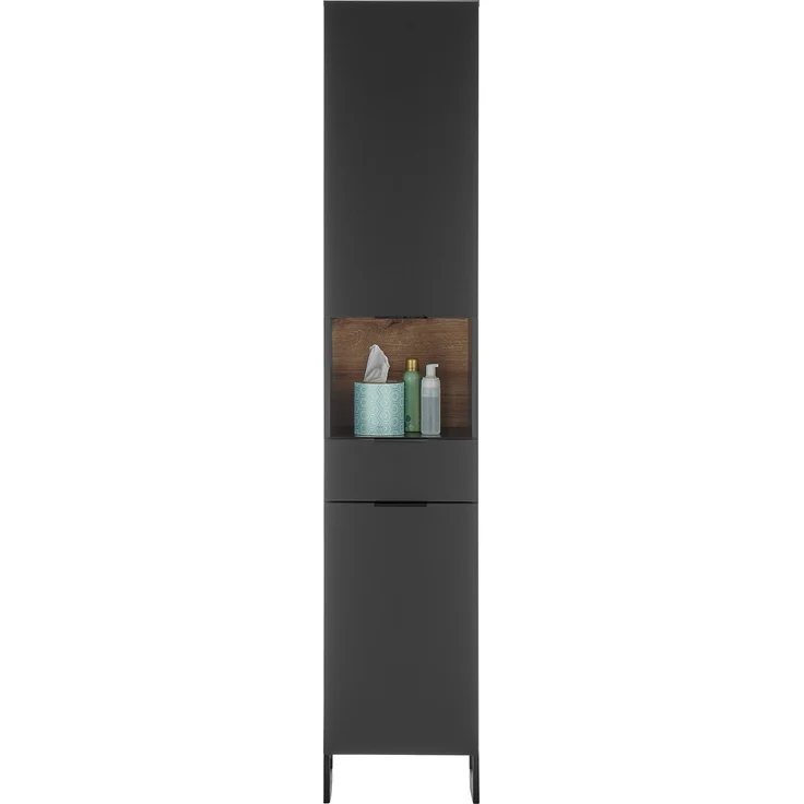 Hochschrank >Denver< 2 Türen, 1 Schublade, schwarz / eiche dekor - 38x195x32cm (BxHxT) – Bild 3