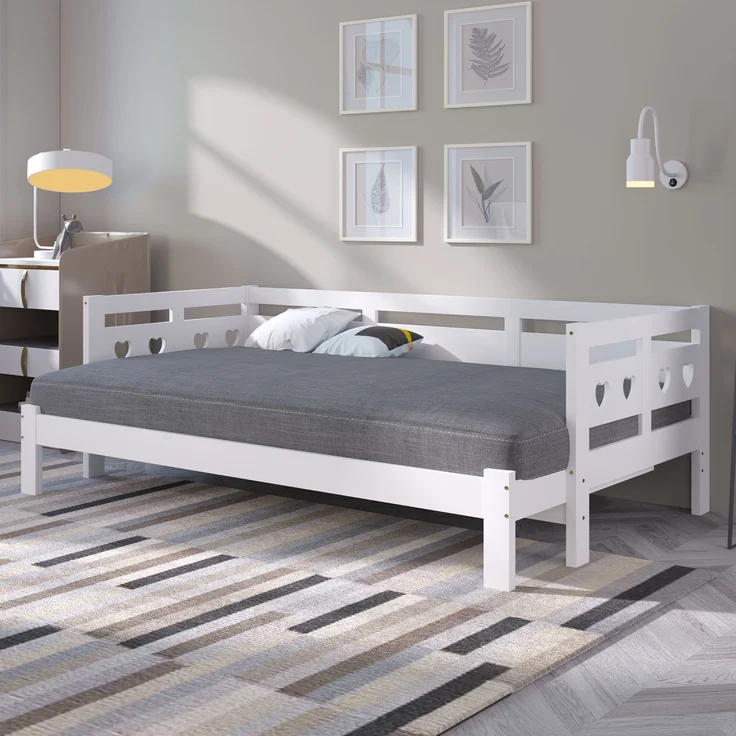 Herzform Schlafsofa, Daybed ausziehbar, Kinderbett und Gästebett, weißes Polster, Kiefernholz, platzsparend – Bild 6