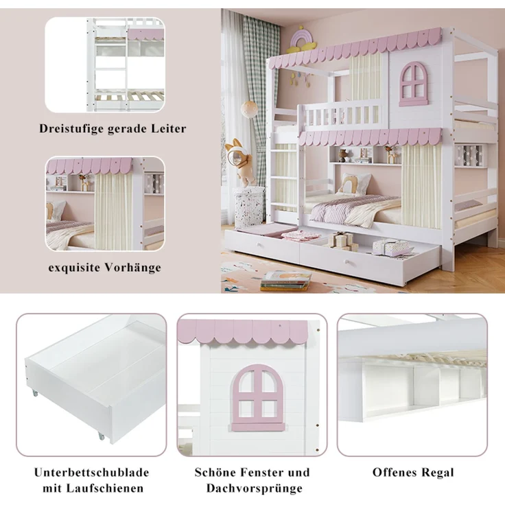 Merax Etagenbett 90x200cm mit 2 Schubladen, Kinderbett Hausbett mit Regal, Hochbett mit Lattenrost und Leiter, Stockbett Holzbett, Weiß+Rosa – Bild 6