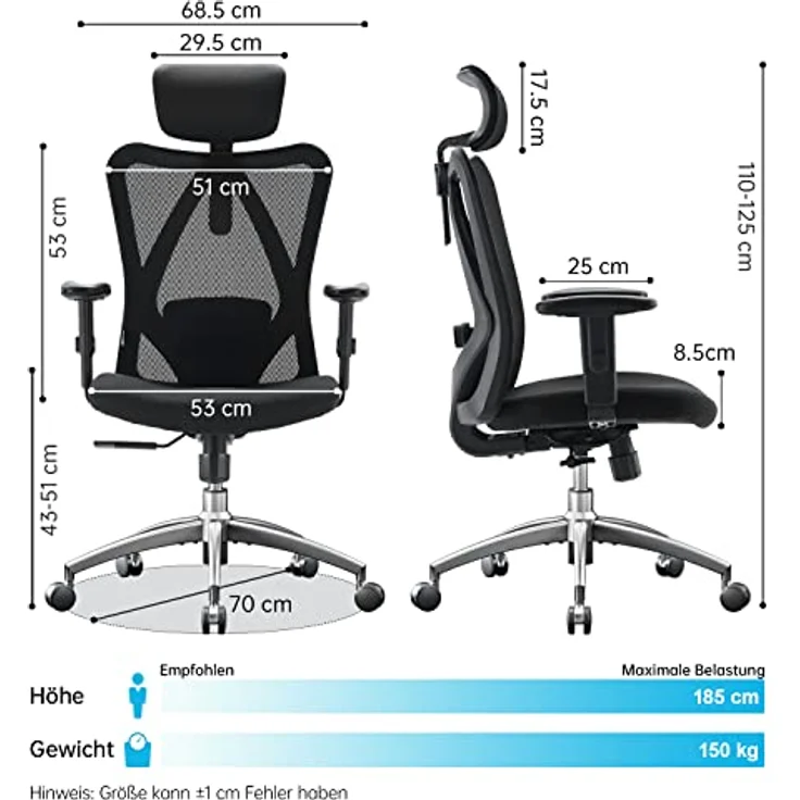 SIHOO Bürostuhl Ergonomischer Schreibtischstuhl, Drehstuhl hat Verstellbarer Lordosenstütze, Kopfstütze und Armlehne, Höhenverstellung und Wippfunktion, Rückenschonend, Bis 150kg/330LB Belastbar – Bild 4