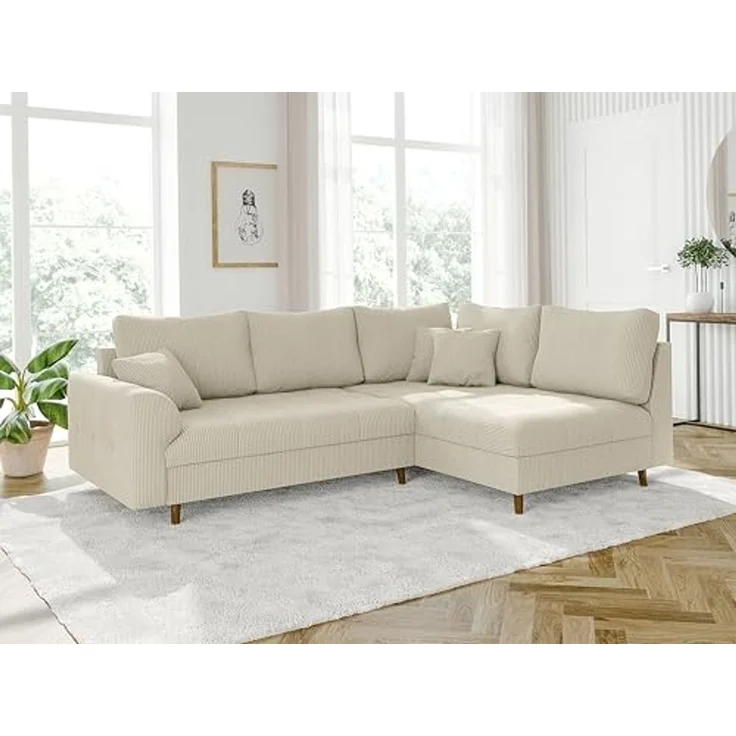 S-Style Möbel Ecksofa Zara mit Braun Holzfüßen im skandinavischen Stil aus Cord-Stoff, Ottomane links oder rechts bestellbar, mit Wellenfederung – Bild 4