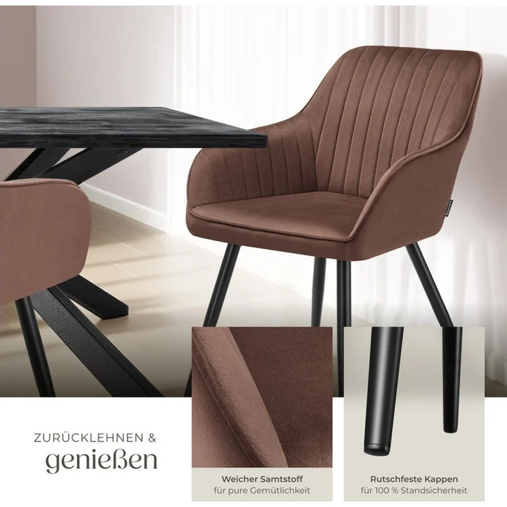 tectake Esszimmerstuhl Stuhl Marilyn, Samtoptik, gesteppt (Set, 2 St), Extra weicher Samtbezug mit stilvollem Steppmuster – Bild 3