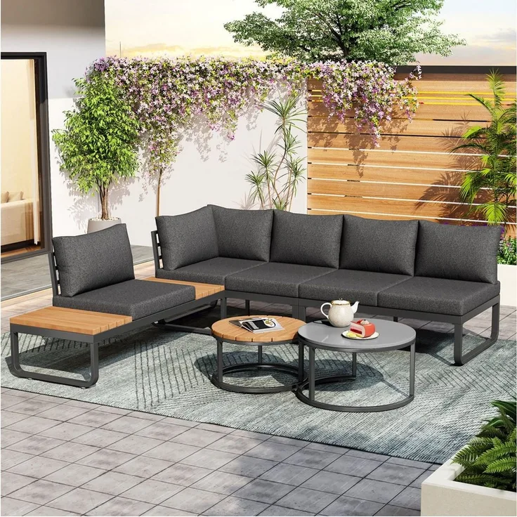 Merax Gartenlounge-Set, (Terrassenmöbel Gartengarnitur Balkonmöbel, 5-tlg), 5-Sitzer Sitzgruppe Gartenmöbel mit Sofa und 2 stapelbaren Couchtische