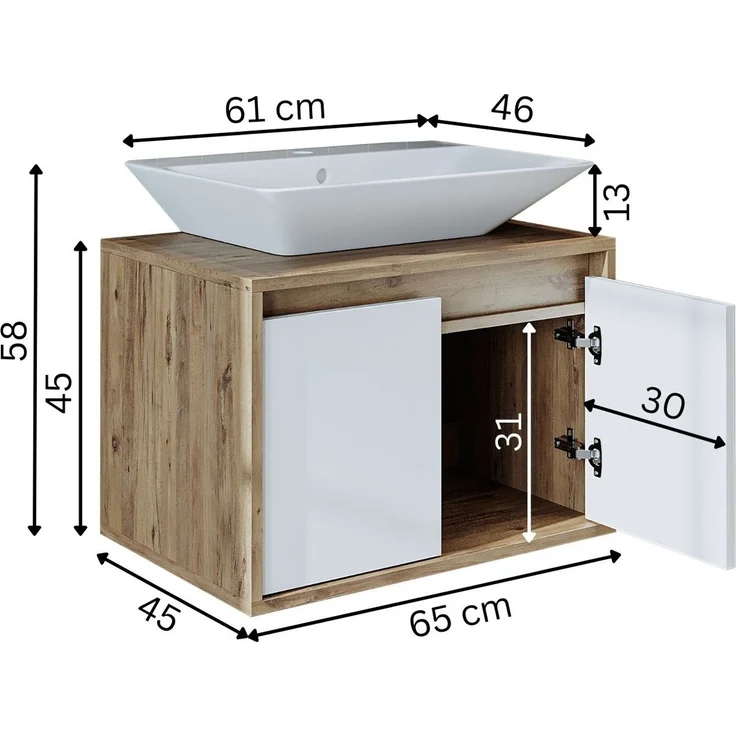 Skye Decor '1750' Badezimmerschrank mit Waschbecken, Atlantik-Kiefer / Mattweiß, 65 x 58 x 45 cm – Bild 7
