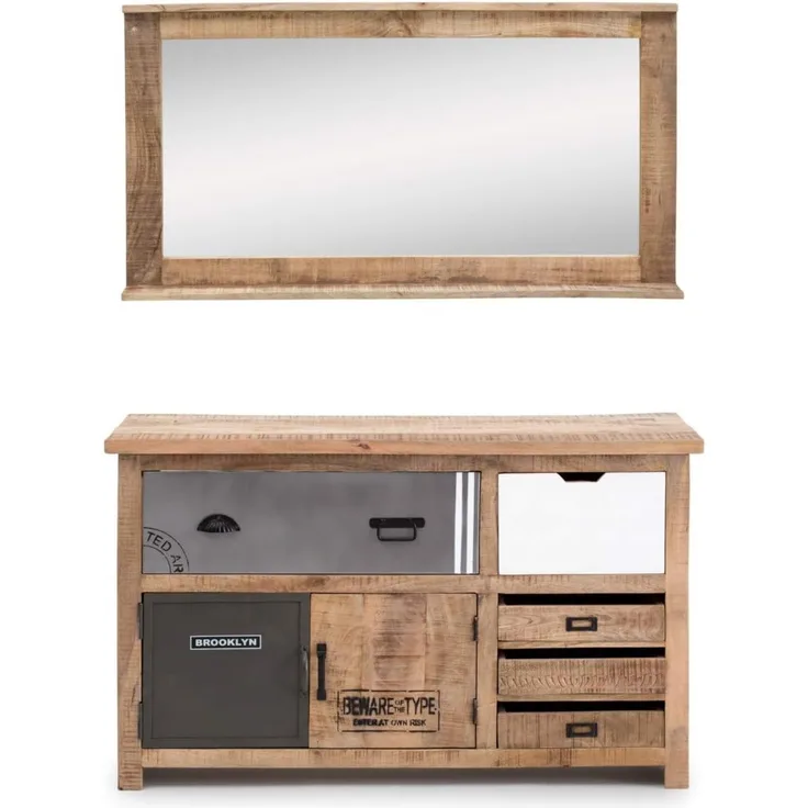 Rustikales Badmöbel Set Pune II - Waschtisch & Spiegel, Mango Holz, 124 cm Breite, Natürlich Lackiert