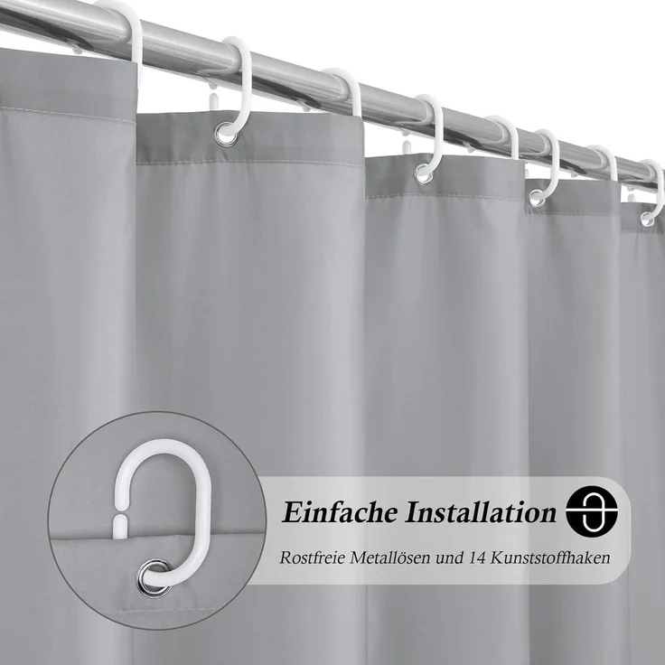 Duschvorhang Extra Größe 200x200 Grau Wasserdicht Antibakteriell 14 Ringe – Bild 2