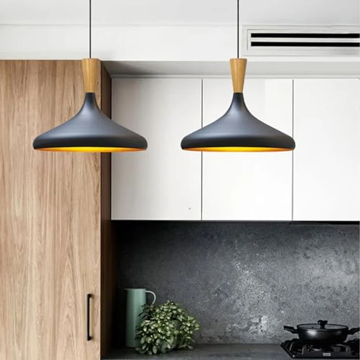 bamyum Champion Pendelleuchte, 35 cm Hängelampe aus Holz und Metall, E27 Fassung, moderne skandinavische Deckenlampe in Schwarz für Esstisch, Schlafzimmer, Wohnzimmer und Küche – Bild 3