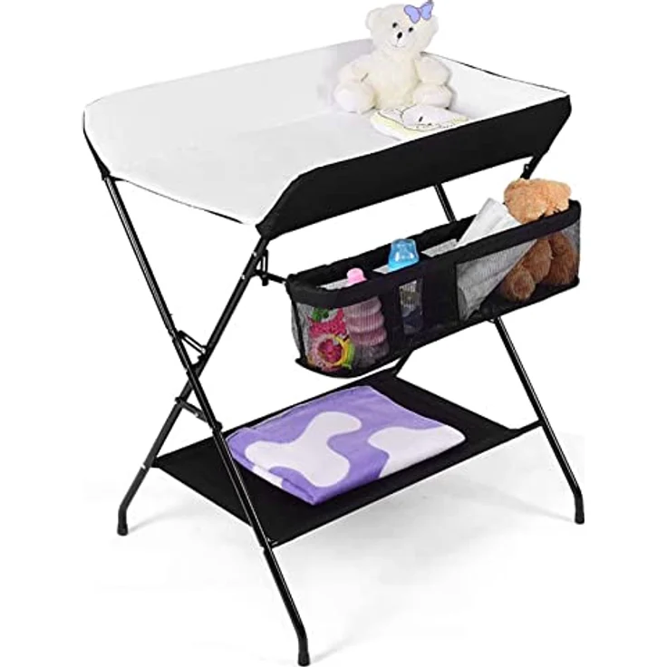 Wickeltisch, faltbar und tragbar, mit Aufbewahrung, Sicherheitsgurt, platzsparend und stabil, klappbarer Wickeltisch, Babyzimmer, höhenverstellbar (schwarz und weiß) – Bild 2