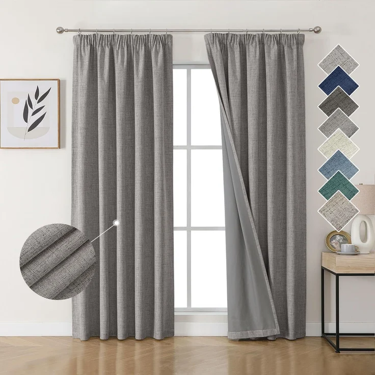 Joydeco 100% Verdunkelungsvorhänge Leinen Gardinen mit Kräuselband 2er Set H214xB132cm Hellgrau, Thermovorhang Kälteschutz Blickdicht Schallschutz Ideal für Wohnzimmer passt zu Schienensystemen