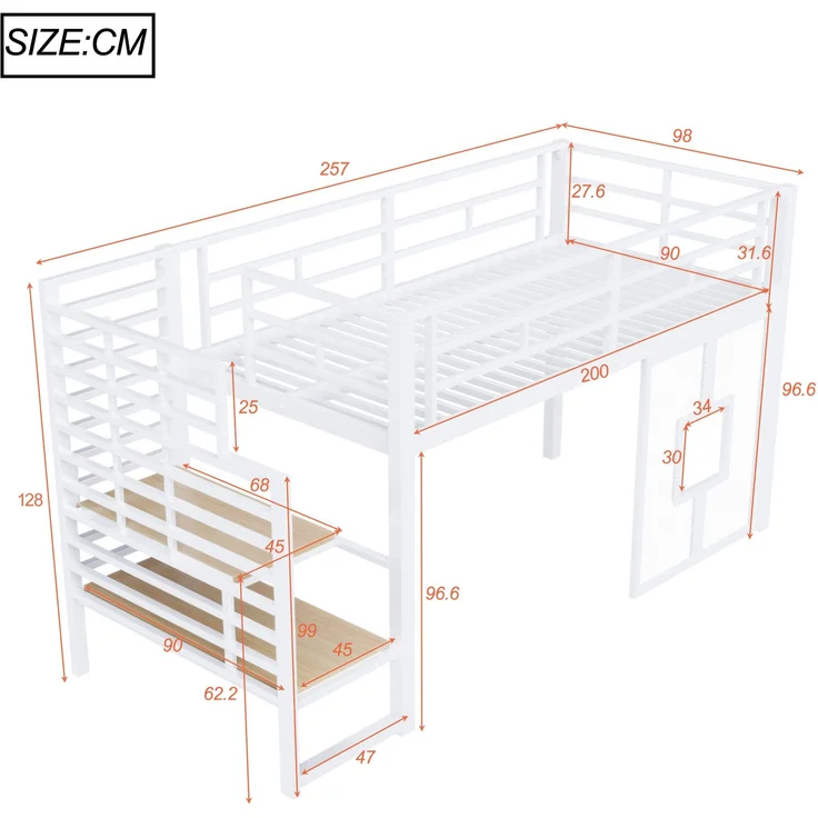 U-life Metall-Hochbett 90x200 cm mit Stauraumtreppe, LED-Beleuchtung und Fenster, Weiß – Bild 10
