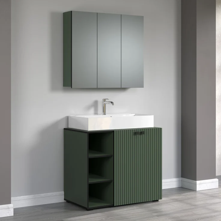 trendteam smart living - PureBliss - Waschbeckenunterschrank - Grün - Rillenoptik - 3 offene Fächer + 1 Einlegeboden + 80cm Aufsatzwaschbecken - (BxHxT) 90 x 91 x 53 cm - edle Metallgriffe – Bild 6