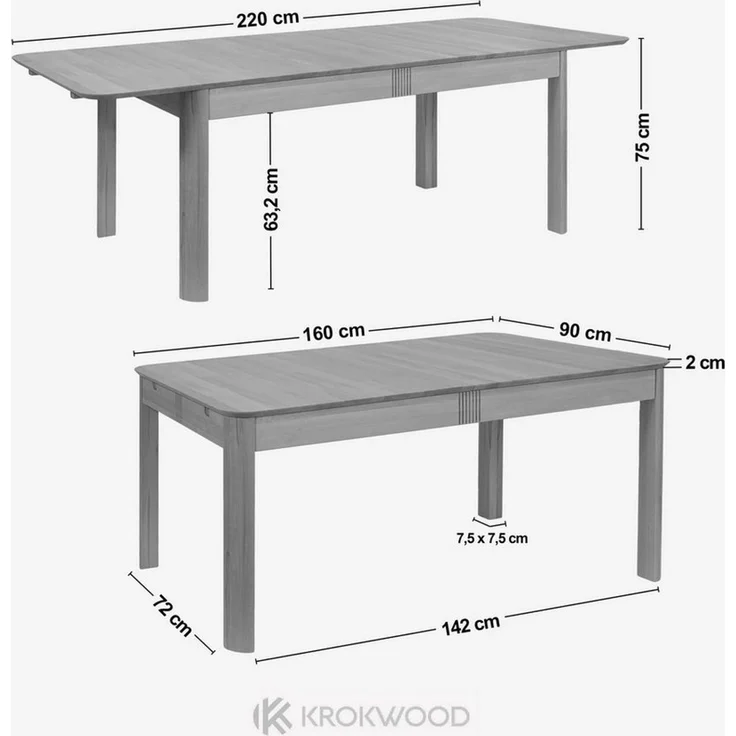 Krok Wood Esstisch Ausziehbare Tisch Louise Buche 160x90х75 cm (220(160+60) x90x75 cm) – Bild 2