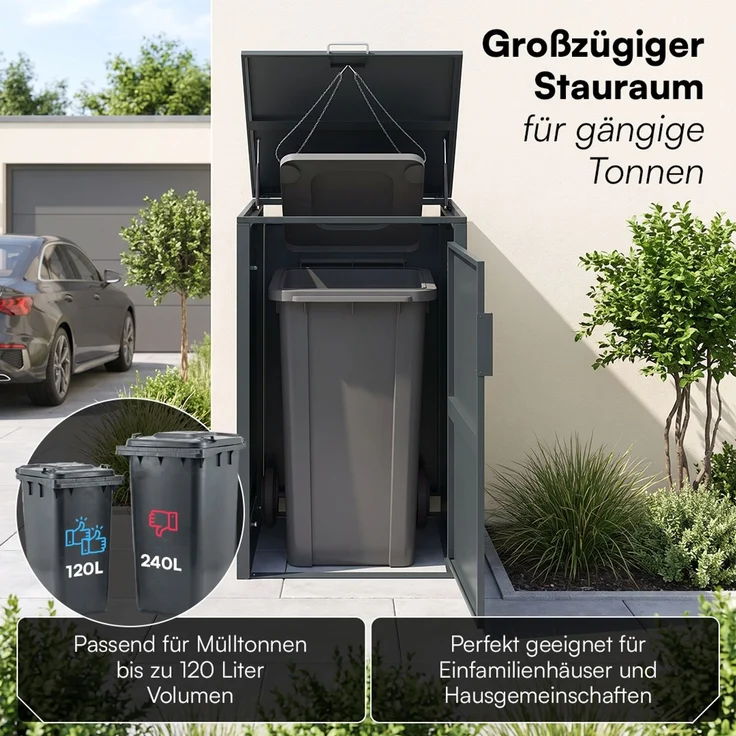 STEELSØN 'Thoria' Mülltonnenbox 1er je 120 Liter, anthrazit, Mülltonnenverkleidung aus Stahl, wetterfest, 102x62x60,5 cm, Müllbox für 1 Tonne – Bild 2