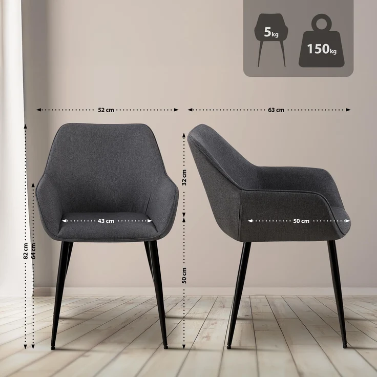 2er Set Esszimmerstuhl NIVER - Stoff Dunkelgrau 52x63x82 cm | Essstühle Esszimmerstühle Küchenstühle Wohnzimmerstühle – Bild 2