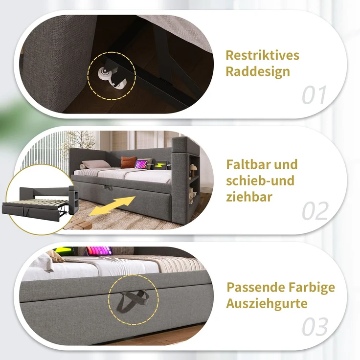 Polstertes Daybett 90x190 cm, Einzelbett Schlafsofa mit Ausziehbett, Armlehnen mit USB- & Type-C-Ladeanschluss und Getränkehalter, Leinen-Mischgewebe, Grau, ohne Matratze – Bild 5