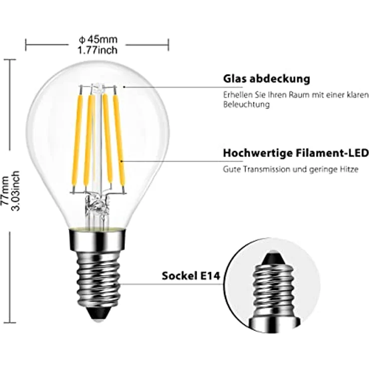 LVWIT E14 LED Lampe P45 Tropfenform, 4W (ersetzt 40W), 2700K Warmweiß Fadenlampe ultrahell 470 lm, Mini Globe, Rustikalampe Filament LED klar, 6er Pack – Bild 4