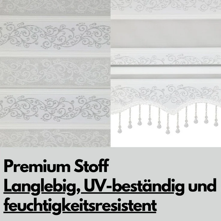 Doppelrollo Duorollo Doppelrollo mit Kassette Rankenmuster und Perlen Höhe: 200 cm, Plisseeonline, blickdicht, Deckenmontage, Freihängend, Deckenmontage mit Clips, Mit Motiv und Alu Kassette in Weiß Gold Schwarz – Bild 2