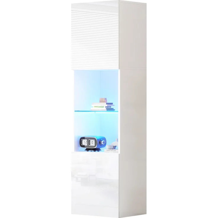 DESVIAE Vitrine mit LED-Beleuchtung und Glasboden, 45x160x35 cm, Spanplatte, Weiß Hochglanz – Bild 7