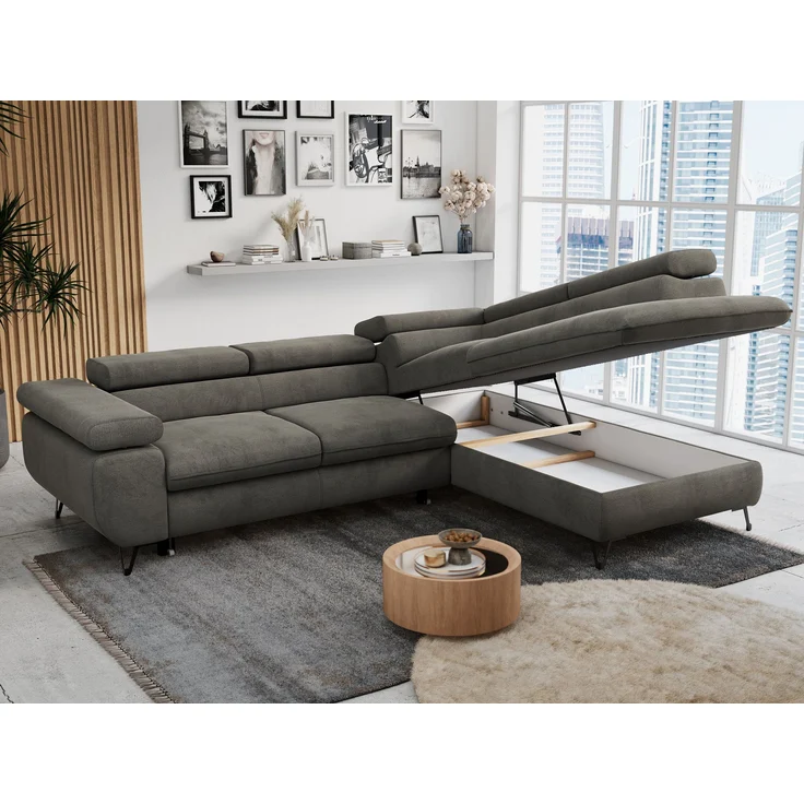 Mks Möbel 'Peter L-form' Ecksofa mit Bettfunktion, Bettkasten & einstellbaren Kopfstützen, Dunkelgrau, Velours, mit Topper, rechts – Bild 3
