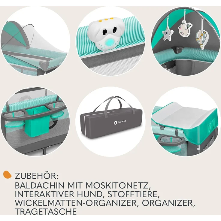 Lionelo Sven Plus 2 in 1 Baby Bett Laufstall Baby ab Geburt bis 15 kg Wickelauflage Moskitonetz luftige Seitenwände mit Seiteneingang Tragetasche zusammenklappbar (Türkis-Grau) – Bild 6