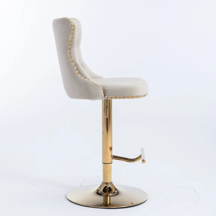 Velvet Swivel Bar Stools,Adjustable Height 25-33 Inches Counter Bar Chairs with Tufted Button Back & Gold Nailhead Trim, Gold Base Upholstered Barstools for Kitchen Island Home Pub Cafe,Beige,DE1912BG--Beige--46x46x115cm--YOUDENOVA – Bild 5