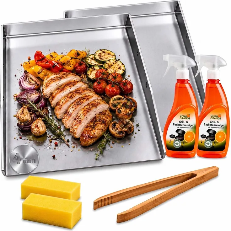2er Plancha Grillplatte 40x30cm Edelstahl Set mit Grillzange, Grillreiniger