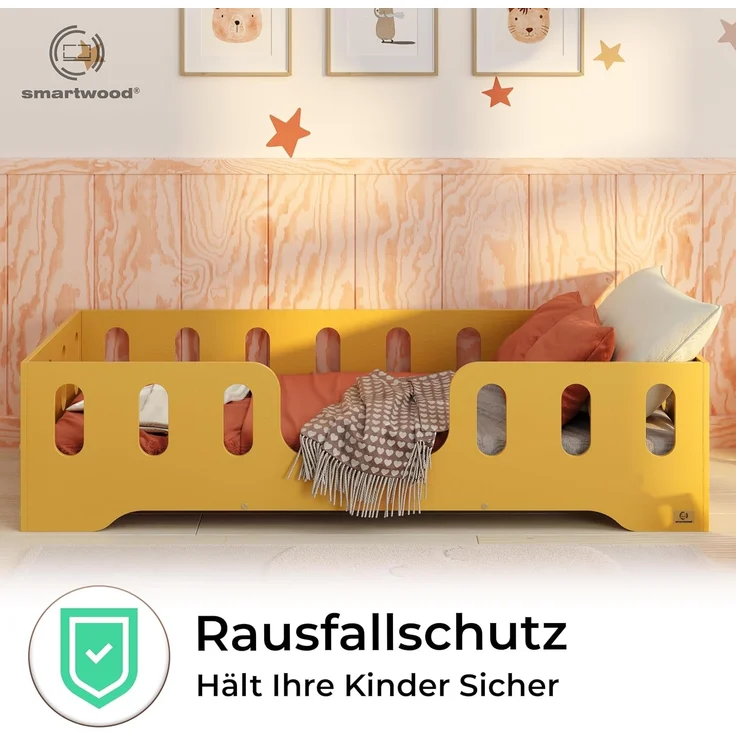 smartwood Kinderbett Bodenbett 70x160 mit Rausfallschutz & Lattenrost - Senfgelb - Kinder Montessori Bett TILA 2 mit glatten Kanten - Betten für schnelle Montage - Bis 230 kg belastbar – Bild 5