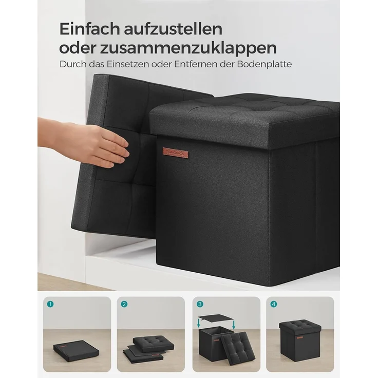 Songmics 30 cm Sitzbank mit Stauraum, klappbare Sitztruhe, Aufbewahrungsbox, Fußbank, basisschwarz LSF028B01 – Bild 7