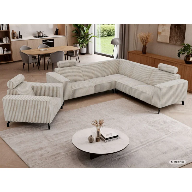 Möbelset 2-teilig, Ecksofa mit Sessel VESANO, Wohnlandschaft, Ecksofa L-Form mit Sessel, HR-Schaum & Wellenfederung, Set mit verstellbaren Kopfstützen - Beige Cord – Bild 6
