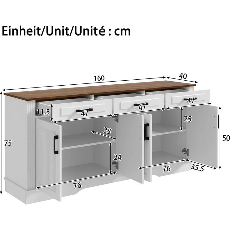 Merax Wohnzimmerschrank, Sideboard, 3D-vertikale Streifen, 3 Schubladen, 4Türen, Korpus aus MDF, Weiß – Bild 4