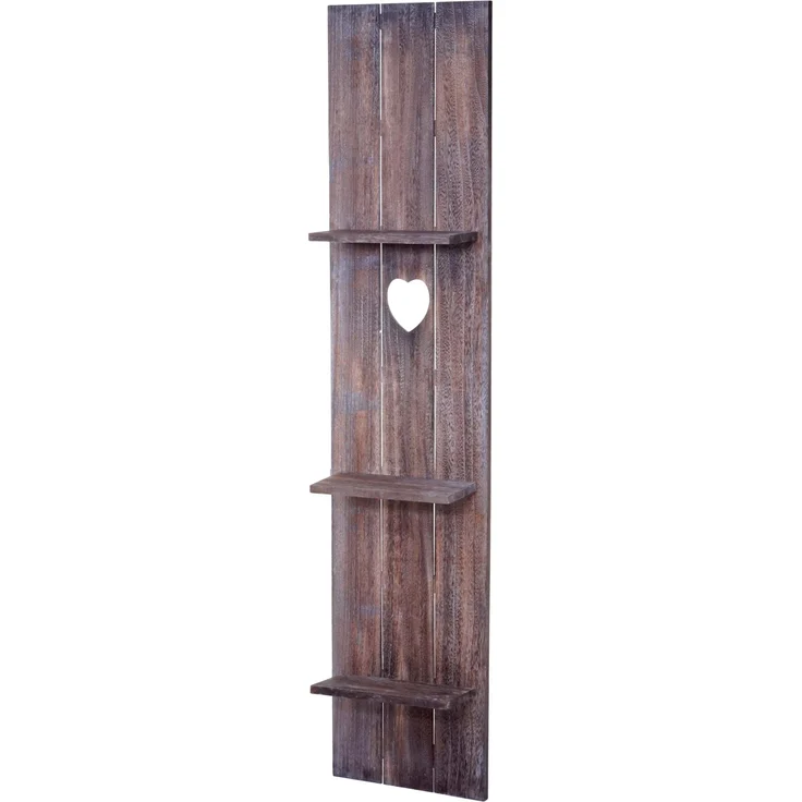 MCW Wandregal C92, 150x33x13.5cm, Braun Shabby, 3 Ebenen aus Paulowniaholz mit Herzornament