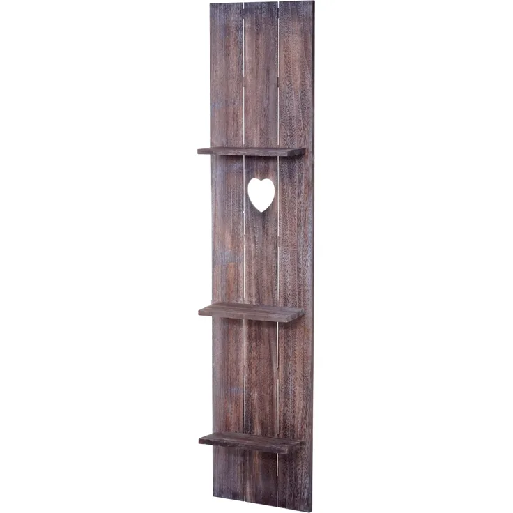 MCW Wandregal C92, 150x33x13.5cm, Braun Shabby, 3 Ebenen aus Paulowniaholz mit Herzornament