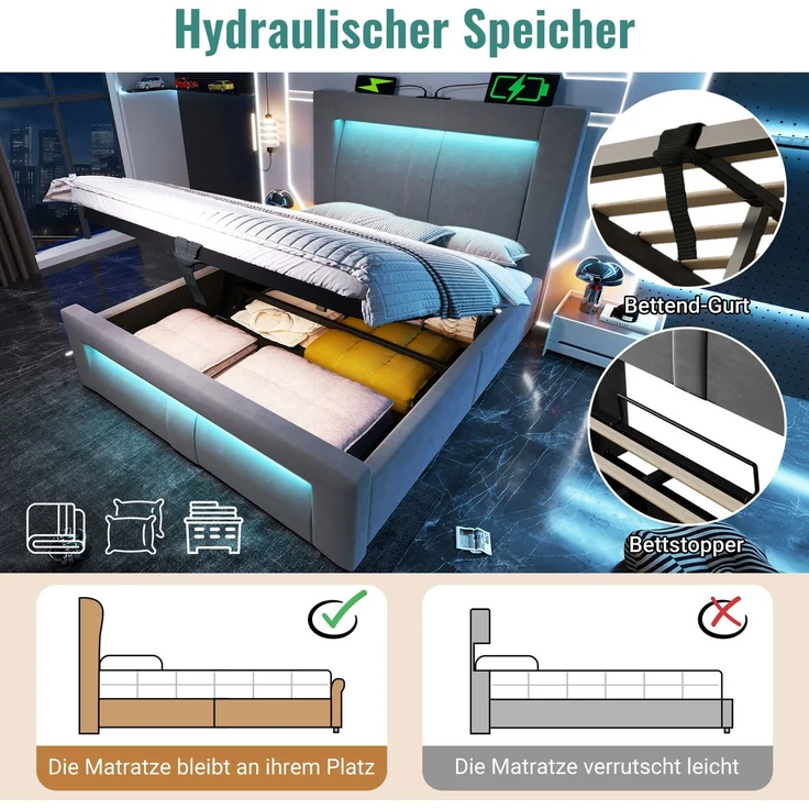 Einzelbett Samt mit Stauraum, LED & USB-Anschluss, 90x200 cm, Grau, ohne Matratze – Bild 8
