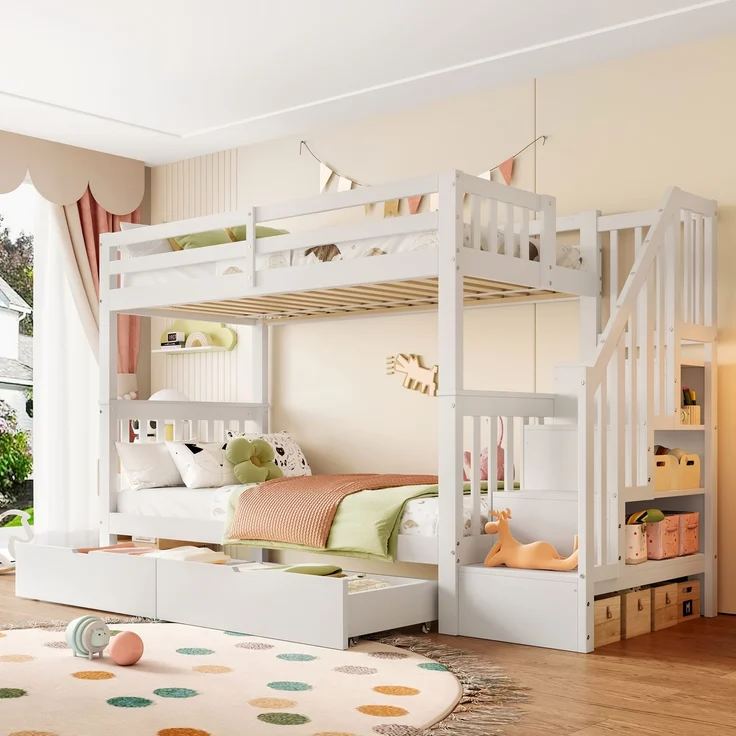 Etagenbett 90x200 cm mit Treppenregal, zwei Schubladen, hohes Sicherheitsgeländer mit Stauraum, Weiß – Bild 5