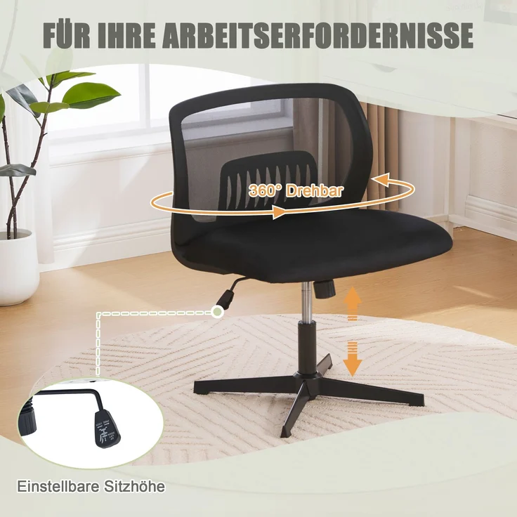 Armloser Drehstuhl ohne Rollen mit 360° Drehfunktion, höhenverstellbar, gepolsterter Sitz,Schwarz – Bild 6
