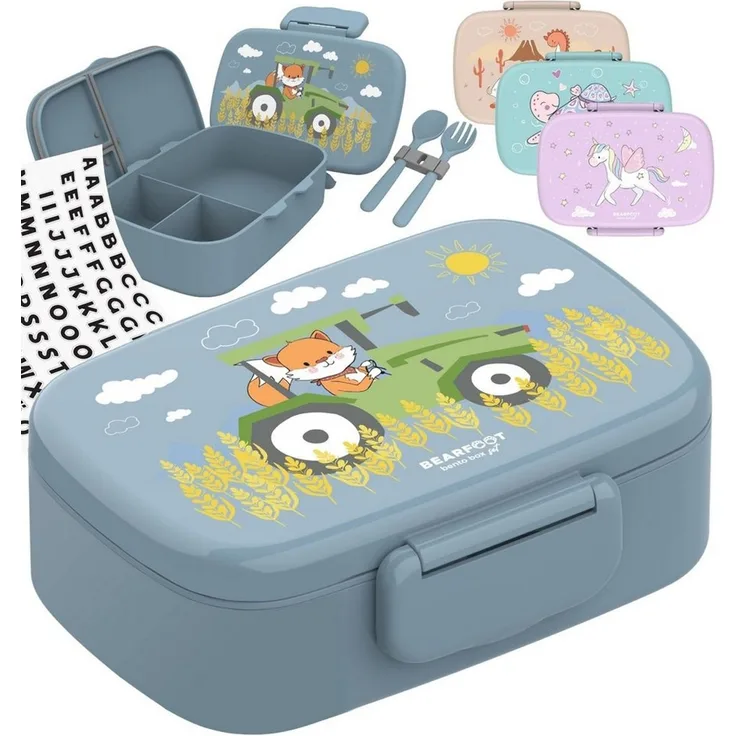 BEARFOOT Lunchbox Brotdose Kinder mit Fächern, leicht & auslaufsicher -Traktor, Kindergarten und Schule - Mädchen und Jungen, Vesperbox, Snackbox