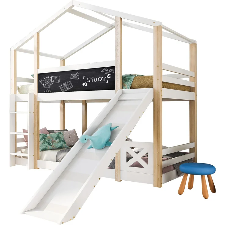 Etagenbett 90x200 cm mit Rutsche & Tafel, Hausbett aus Kiefer, Hochbett mit Leiter, sicher & spielerisch für Kinderzimmer – Bild 9