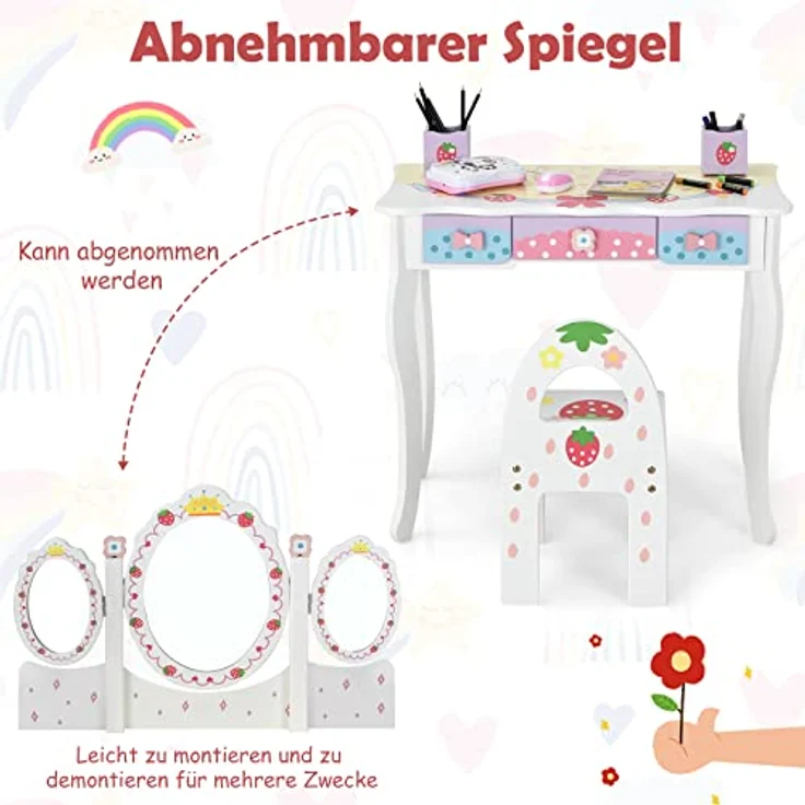 COSTWAY Kinder Schminktisch Set, Prinzessin Frisiertisch mit Klappbarem Spiegel, Schminkhocker und 3 Schubladen, Make-up Schminktisch Frisierkommode für Kinder Mädchen (Weiß) – Bild 4
