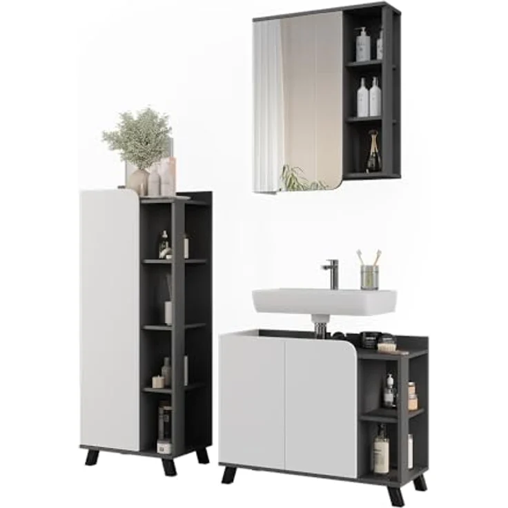 Vichy Badmöbel-Set Karen, 3-teilig, Anthrazit/Weiss, mit Waschbeckenunterschrank, Spiegelschrank und Badregal – Bild 6