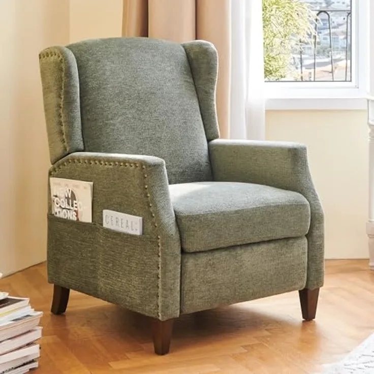 COLAMY Wingback Sessel mit Pushback-Funktion, Moderner Bezugsstoff Sessel fürs Wohnzimmer mit Seitentasche und Nagelkopf-Akzenten, Grün
