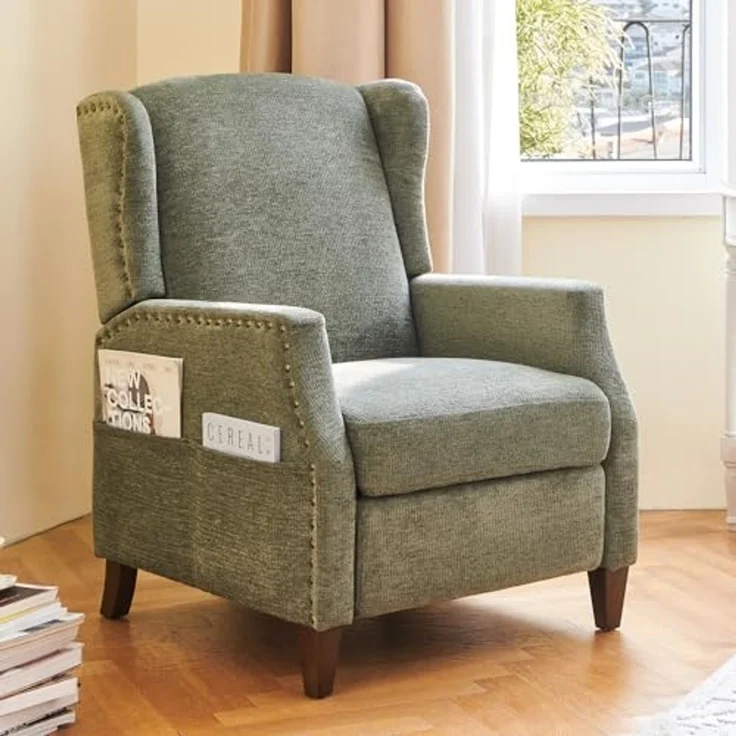 COLAMY Wingback Sessel mit Pushback-Funktion, Moderner Bezugsstoff Sessel fürs Wohnzimmer mit Seitentasche und Nagelkopf-Akzenten, Grün – Bild 1