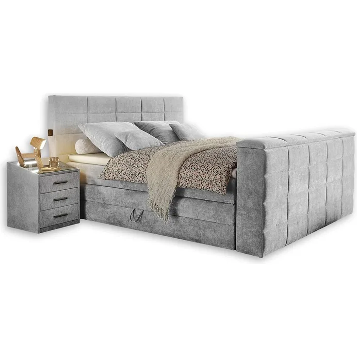 DENVER 6 Boxspringbett 180x200 mit Bettkasten, Silber - Bequemes Doppelbett mit 7-Zonen Federkern Matratze und Topper - 202 x 123 x 240 cm (B/H/T)